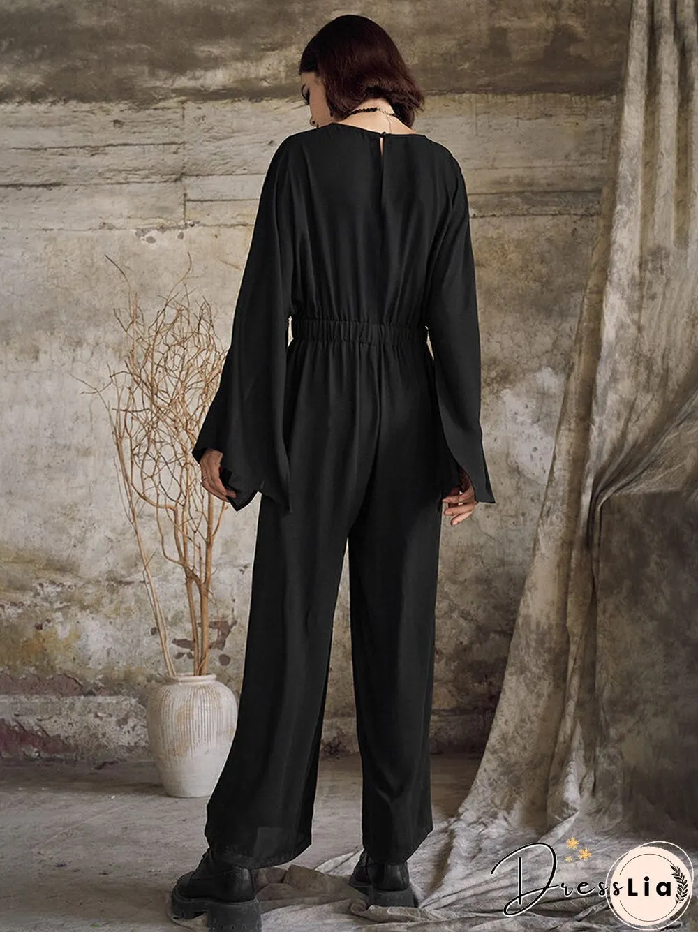 Solid Side Split Long Sleeve V-neck  Wide Leg Jumpsuit