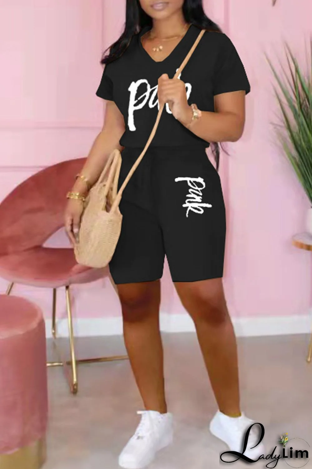 Black Fashion Casual Letter Print Basic V Neck Short Sleeve Two Pieces