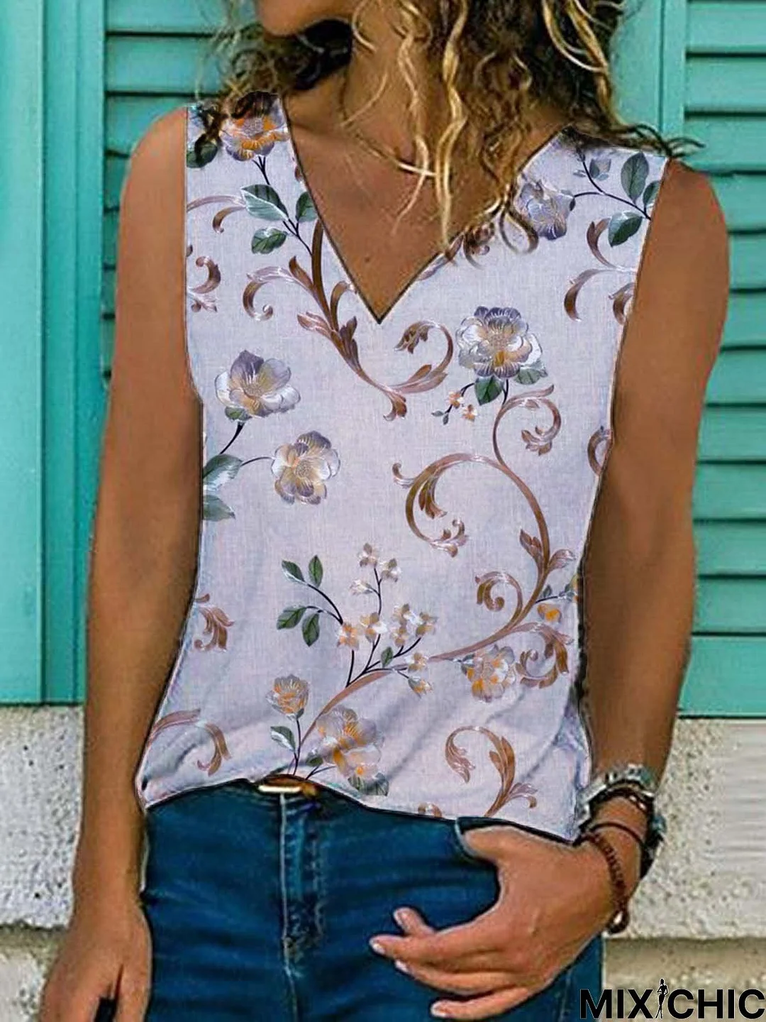 Floral  Sleeveless  Printed  Cotton-blend  V neck  Holiday Summer  White Top