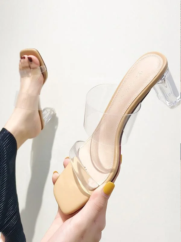 One word with thick heel crystal transparent high-heeled slippers