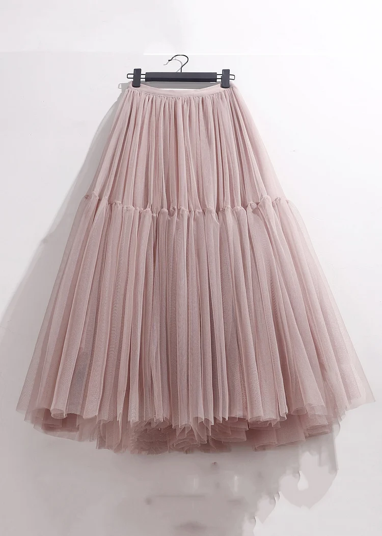 Pink Patchwork Loose Tulle Pleated Skirt High Waist Summer