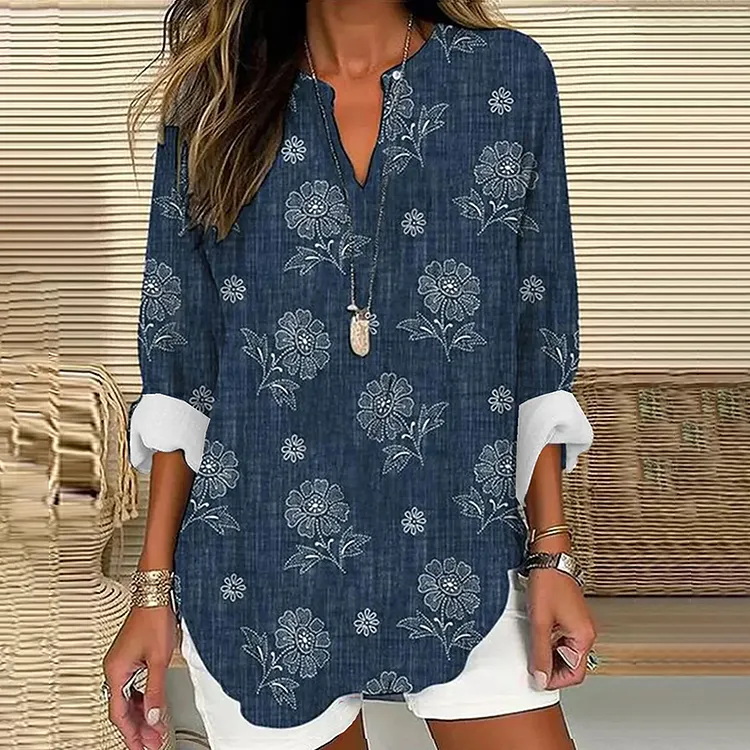 Vintage Floral Print V-Neck Linen Blend Blouse