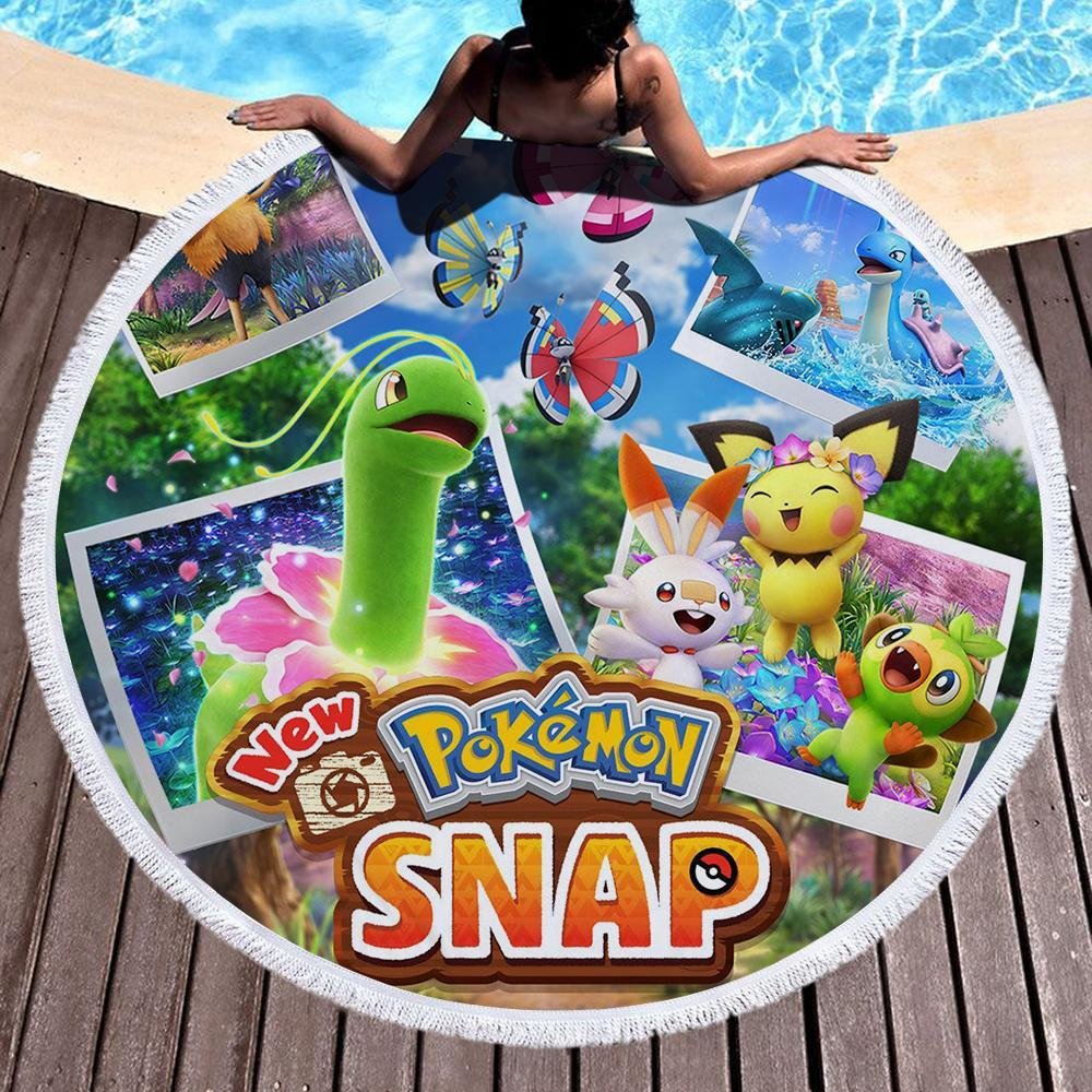 New Pokémon Snap Beach Towel Round Circle Picnic Carpet Blanket Outdoor Home Use
