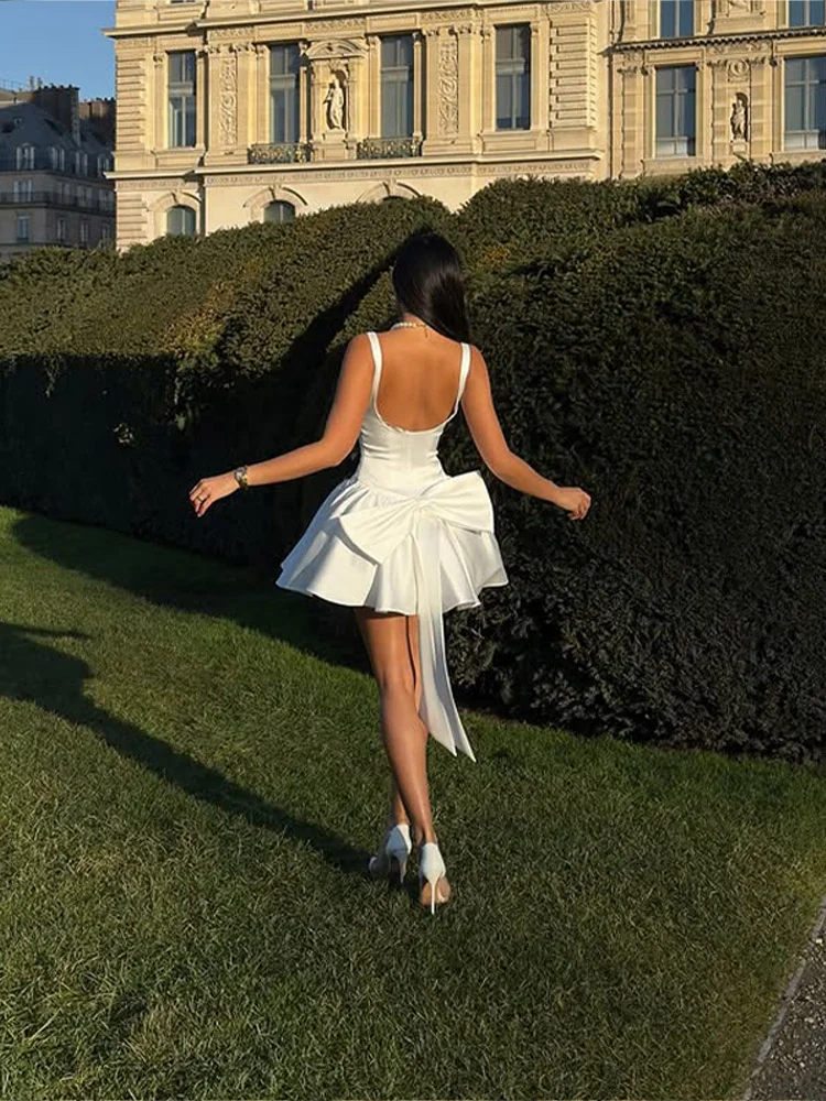 Women Fashion Sling A-line Pleated Elegant 3d Bow Backless White Mini Dress
