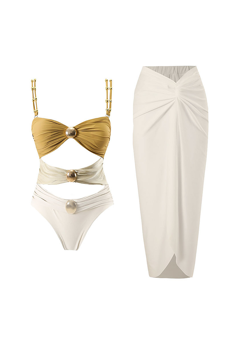 Cutout Colorblock Cami One-Piece Swimsuit Ruched Maxi Skirt 2pcs Set-Yellow