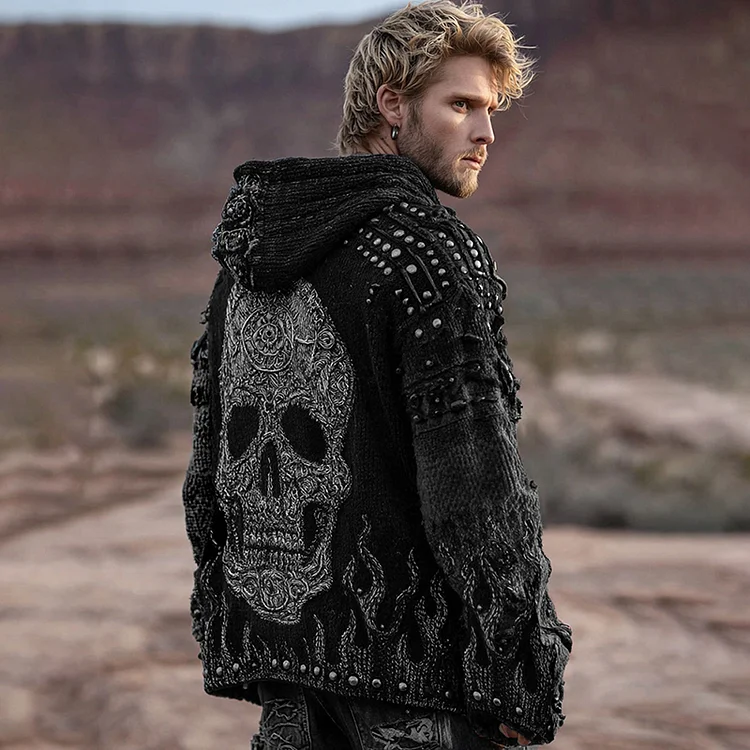 Men's Dark Style Skull And Flame Inspired Knitted Cozy Zipper Up Hooded Cardigan