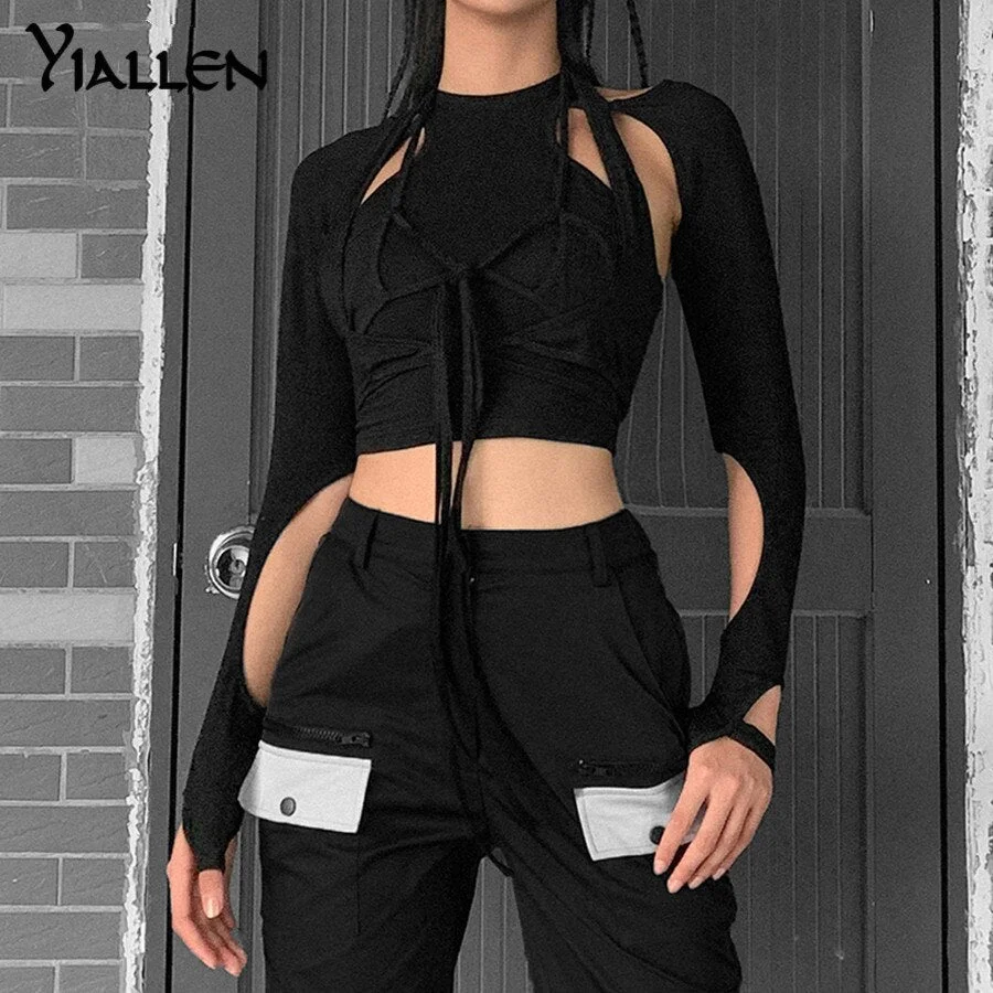 Yiallen Fashion High Street Casual Cotton TShirt Women Spring Autumn Black Slim Streetwear Bow Bandage T Shirt Ladies Top Hot