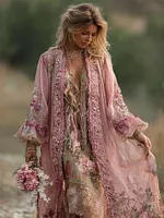 Boho Roses Floral Embroidered Flowy Linen Cardigan