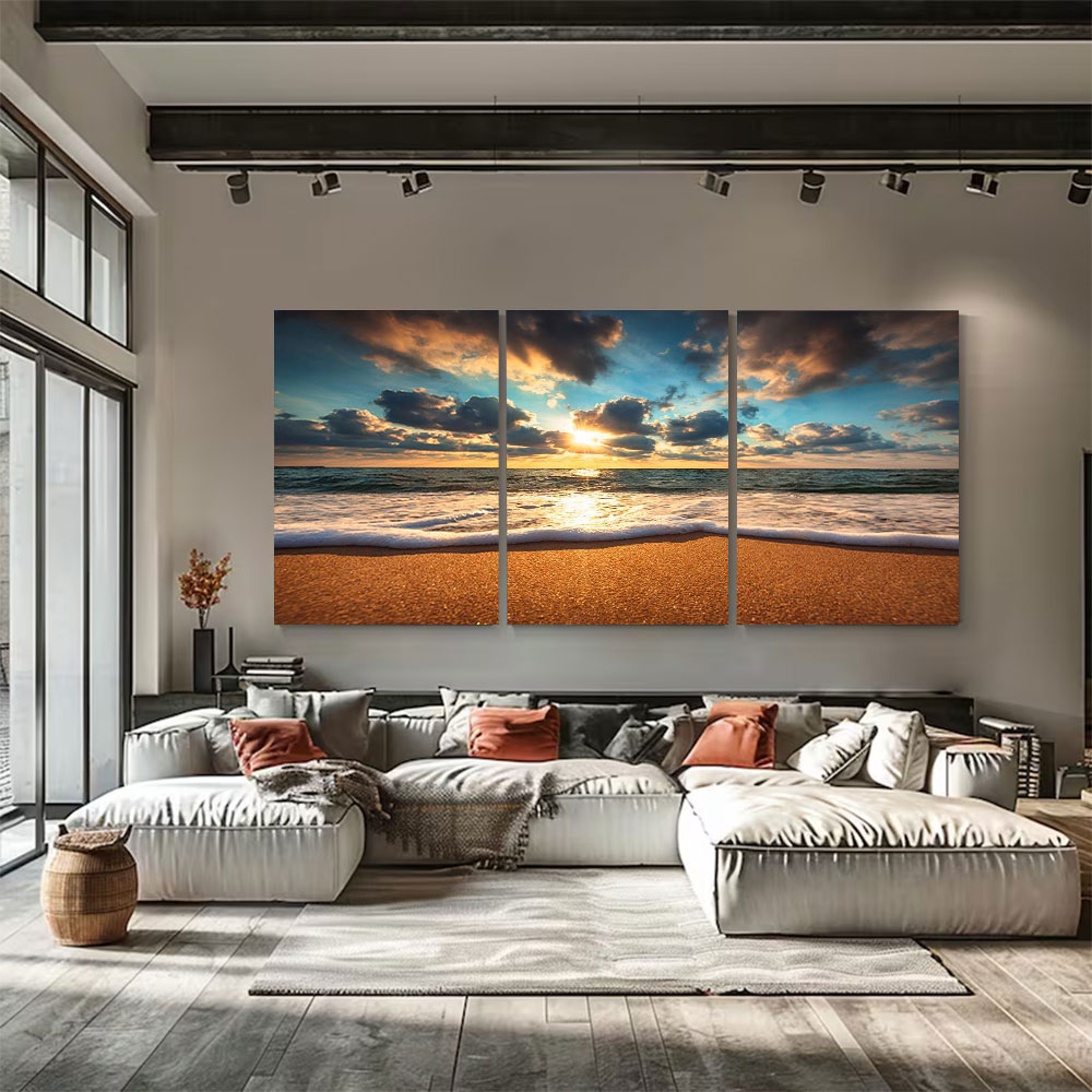 3-Piece Set Ocean Sunset under Dramatic Clouds canvas art