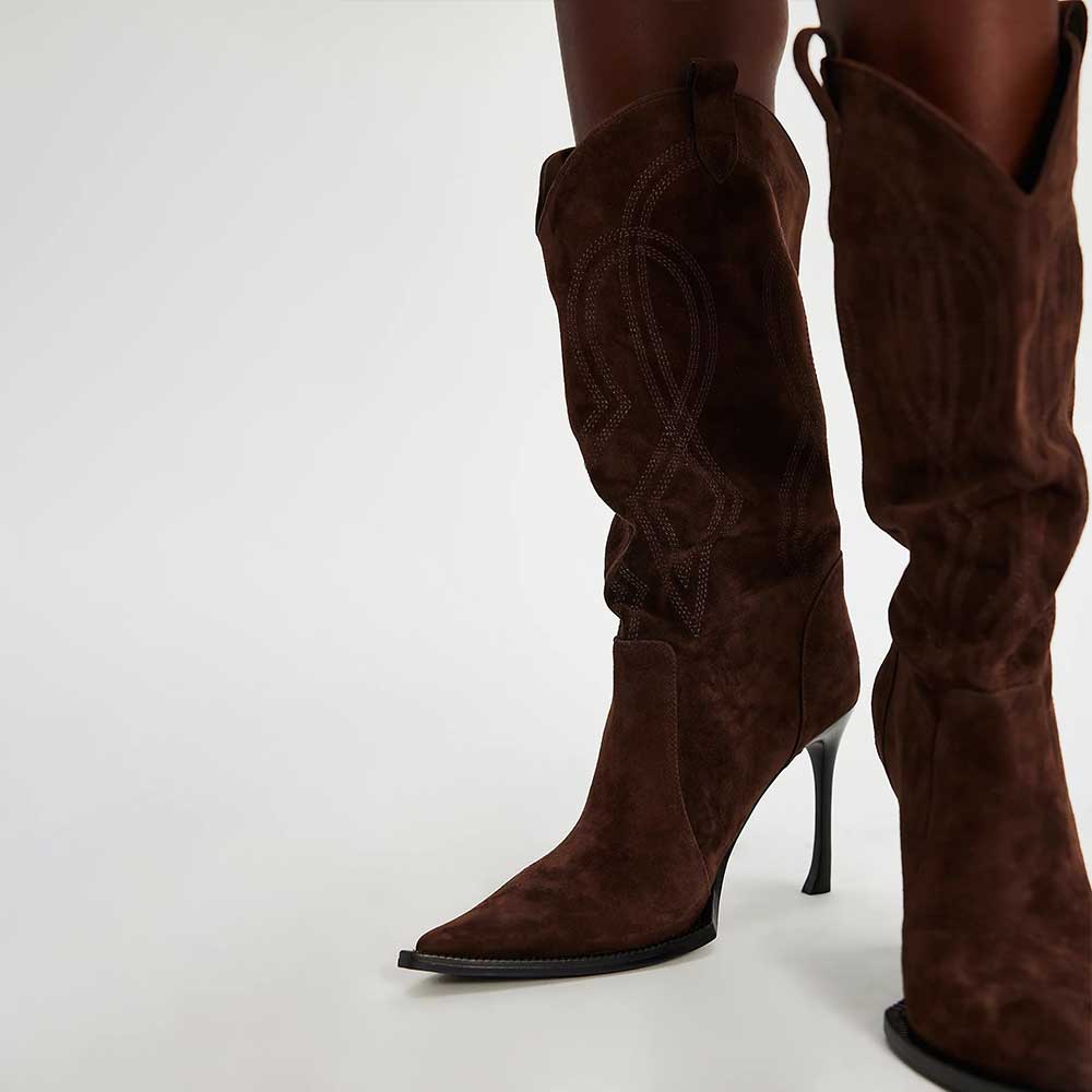 Vegan Suede Pointed Toe Stiletto Heel Mid-Calf Cowgirl Boots in Brown Nicepairs