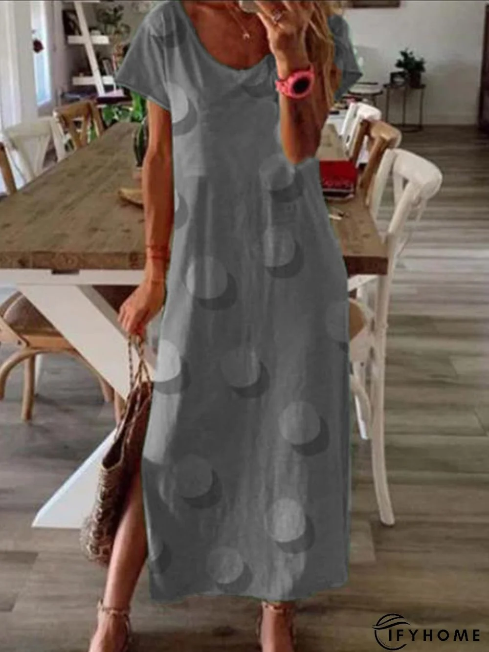 Green Polka Dots Short Sleeve Round Neck Knitting Dress | IFYHOME