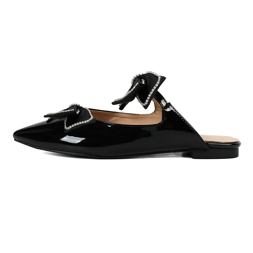 Black Patent Leather Double Bow Decor Flat Mules for Women Nicepairs