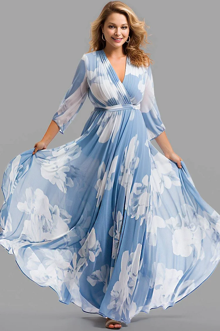 Flycurvy Plus Size Everyday Blue Floral Print 3/4 Sleeve Crinkle Chest Maxi Dress  Flycurvy [product_label]
