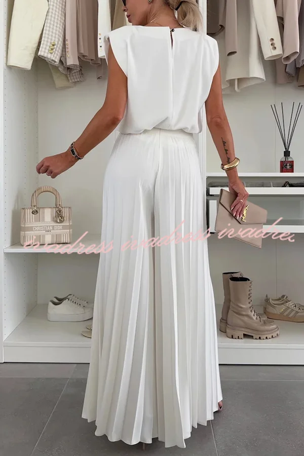 Fashionable Round Neck Shoulder Pads Top and Elastic Waist Pleated Wide-leg Pants Set