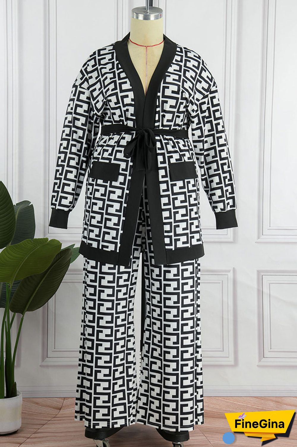 Black White Casual Print Bandage Patchwork Plus Size Two Pieces