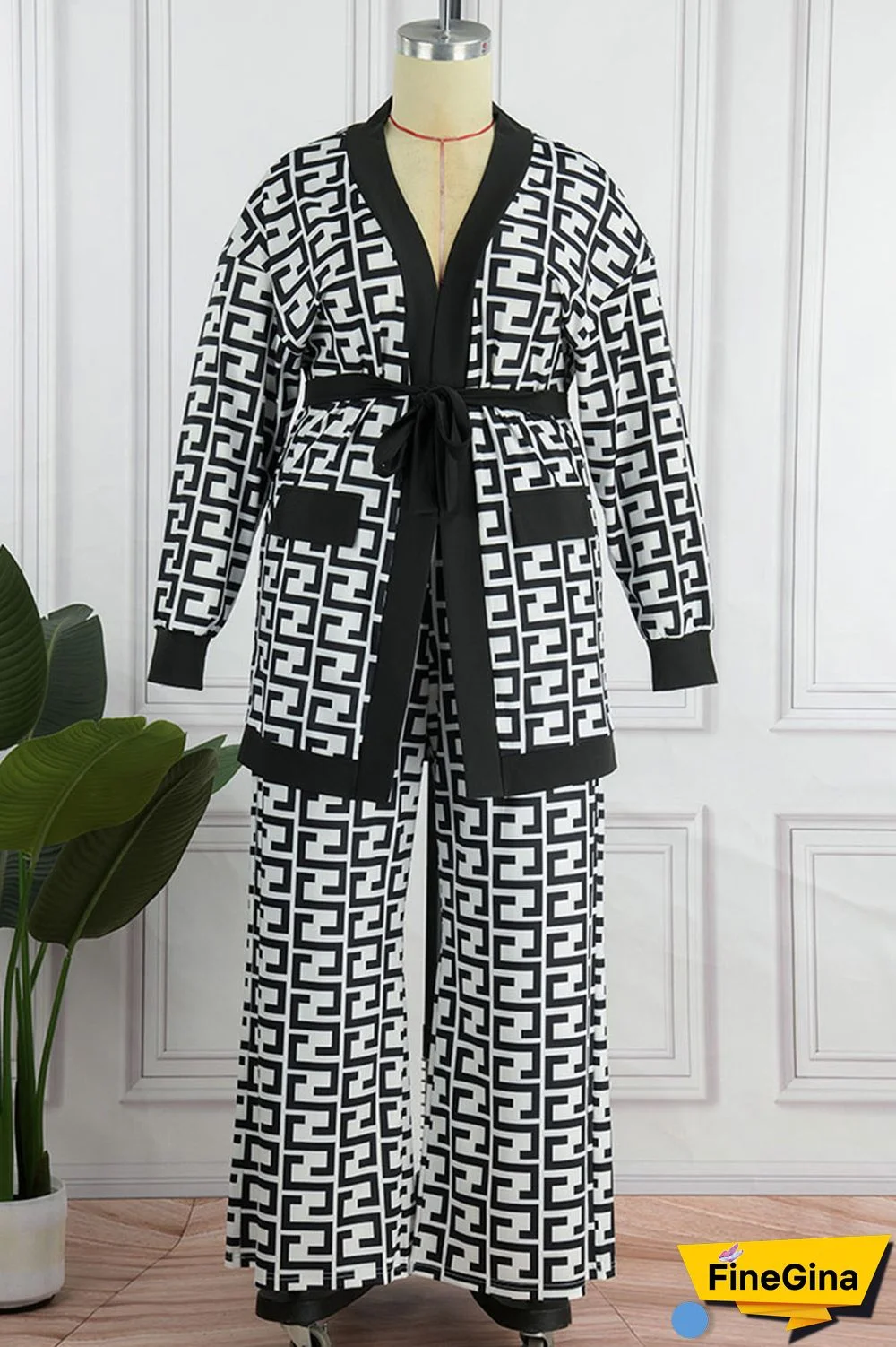 Black White Casual Print Bandage Patchwork Plus Size Two Pieces