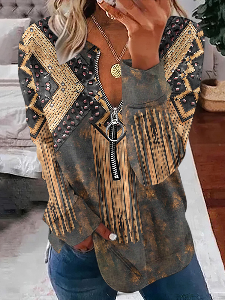 Comstylish Vintage Western Print V-Neck Zipper Sweatshirt