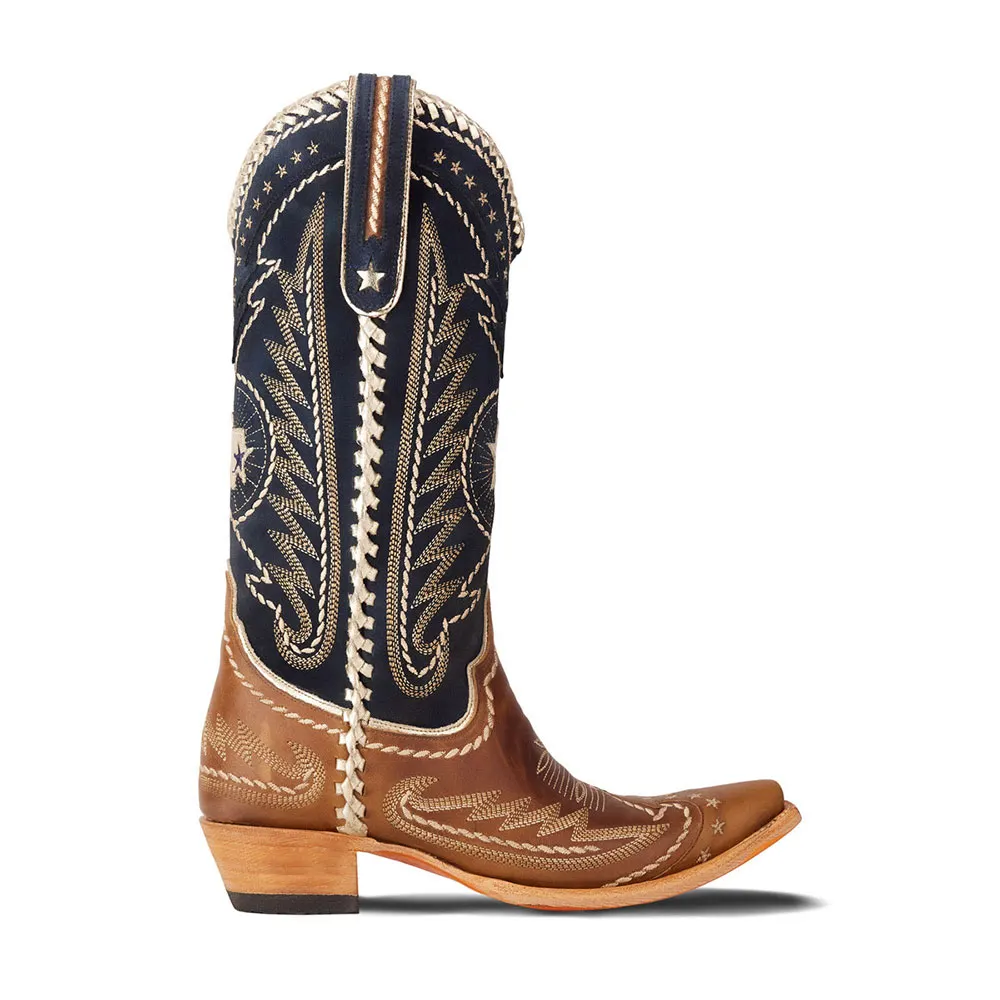 Brown & Navy Stars Chunky Heel Embroidered Western Boots for Women