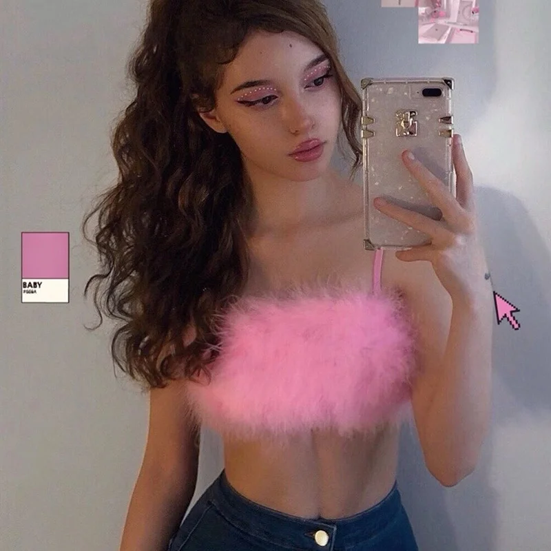 Fashion Sexy Spaghetti Straps Pink Feather Crop Top Women Camisole Sleeveless Tops Party Club Streetwear Camis