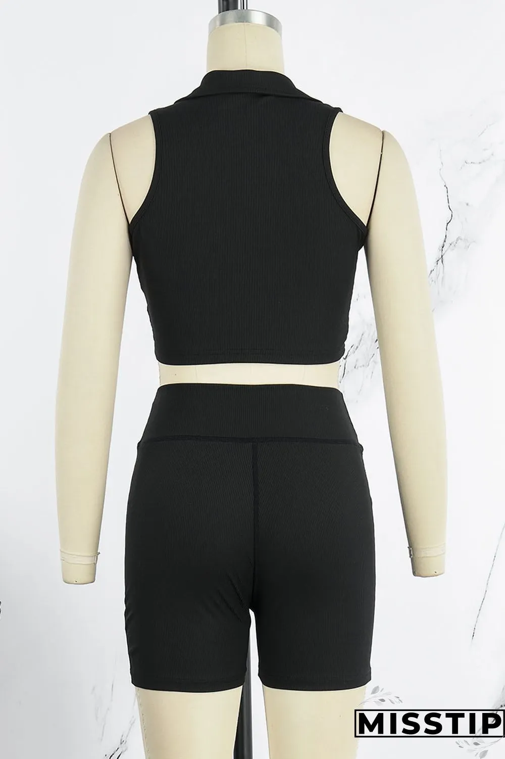 Black Sexy Street Solid Patchwork Turndown Collar Sleeveless Two Pieces