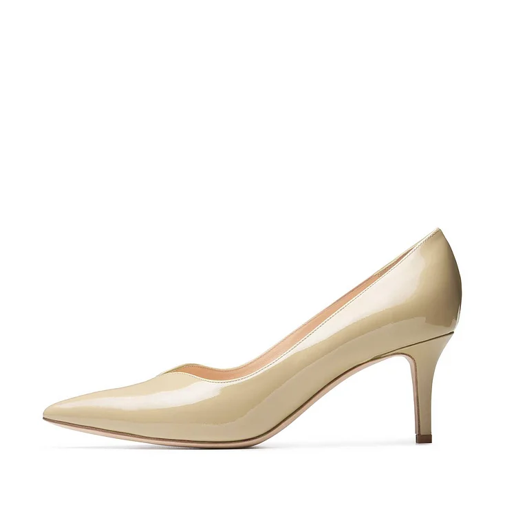 Beige Patent Leather Office Mid Heel Pointy Toe Pumps Vdcoo
