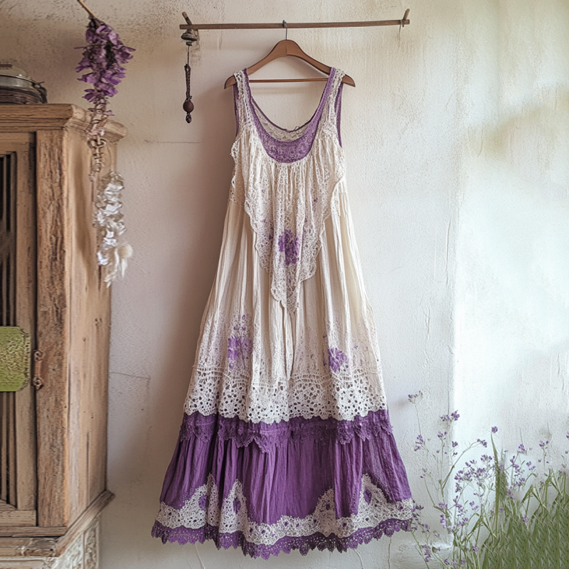 Boho Gradient Lavender Embroidered Pattern Lace Linen Dress