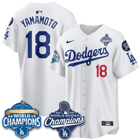 Youth Los Angeles Dodgers #18 Yoshinobu Yamamoto White 2025 World Series Champions Jersey