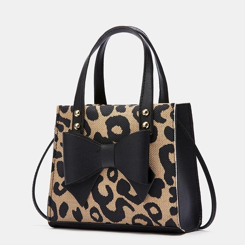 Women's Bag Bow Stitching Contrast Portable Simple Leopard Print Single Shoulder Diagonal Small Square Bag