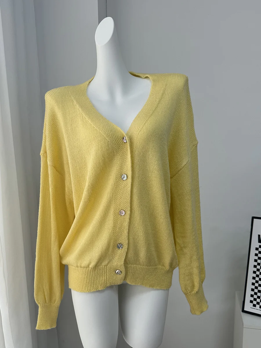 Athvotar Athvotar New Soft Horse Hair V-Neck Hollow Open Shirt Femininity Lazy Wind Buckle Lantern Sleeve Sweater Coat