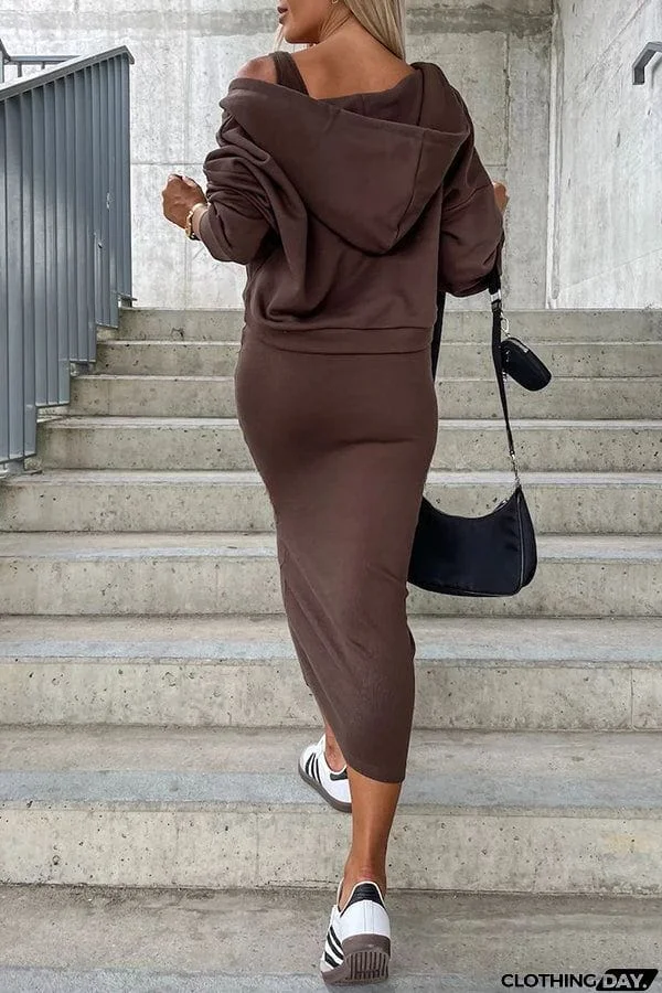 Around The World Hooded Sweatshirt and Slip Maxi Skirt Two Piece Set