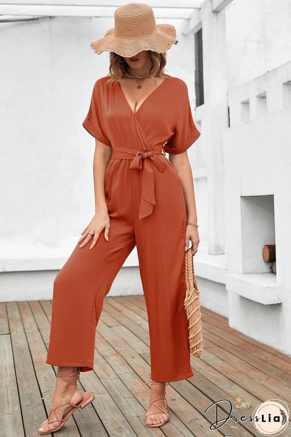 Fashion Casual Skinny Women Jumpsuit For Summer Women Jumpsuit New V Neck Lace-up Solid Waist Short Sleeve Jumpsuit