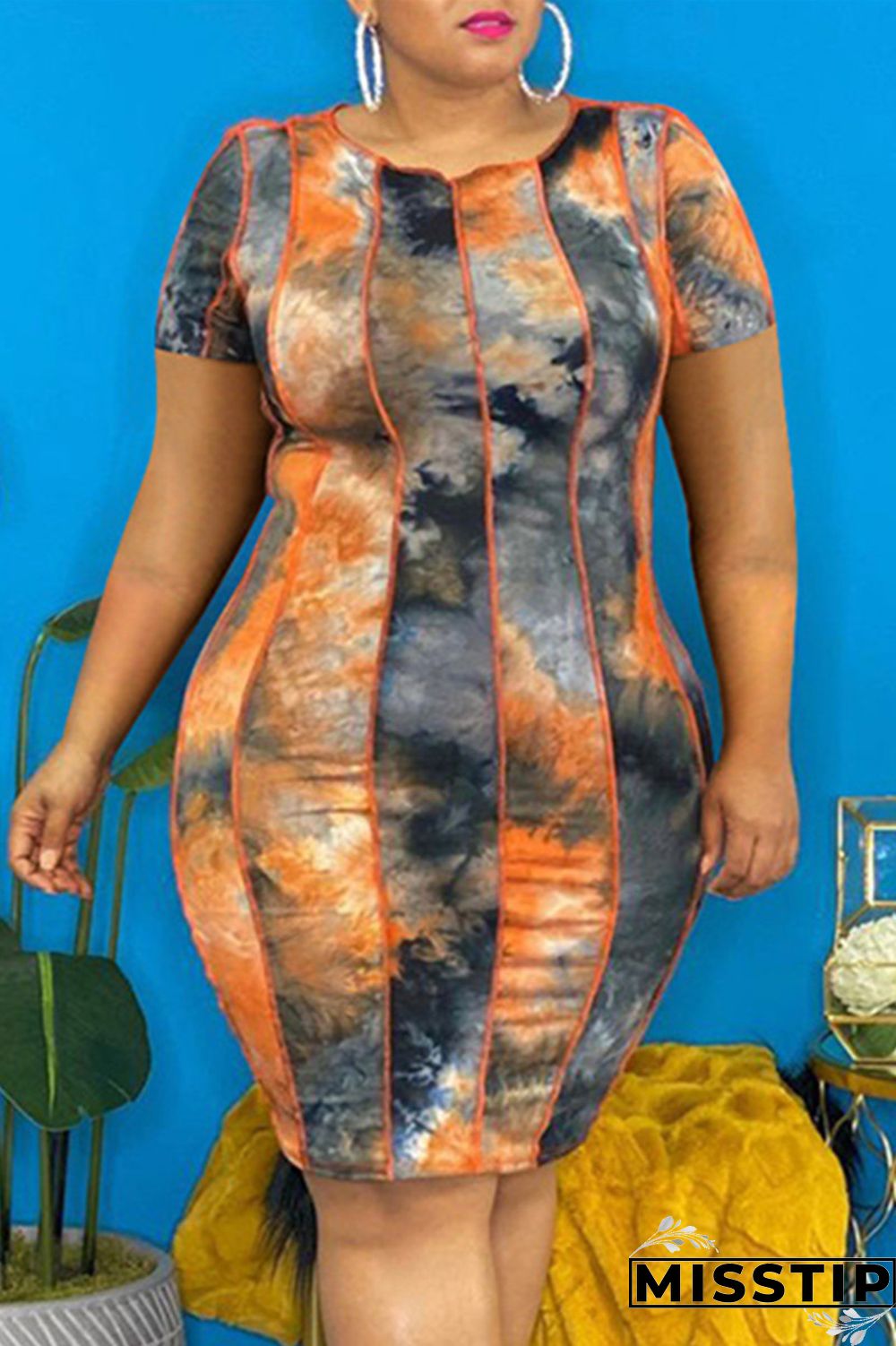 Multicolor Fashion Casual Plus Size Tie Dye Printing O Neck Short Sleeve Dress