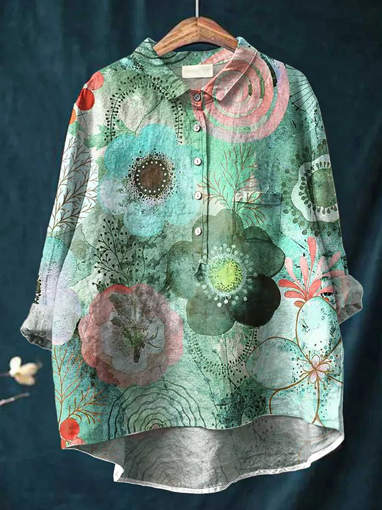 Womens Art Watercolor Floral Casual Cotton and Linen Shirt