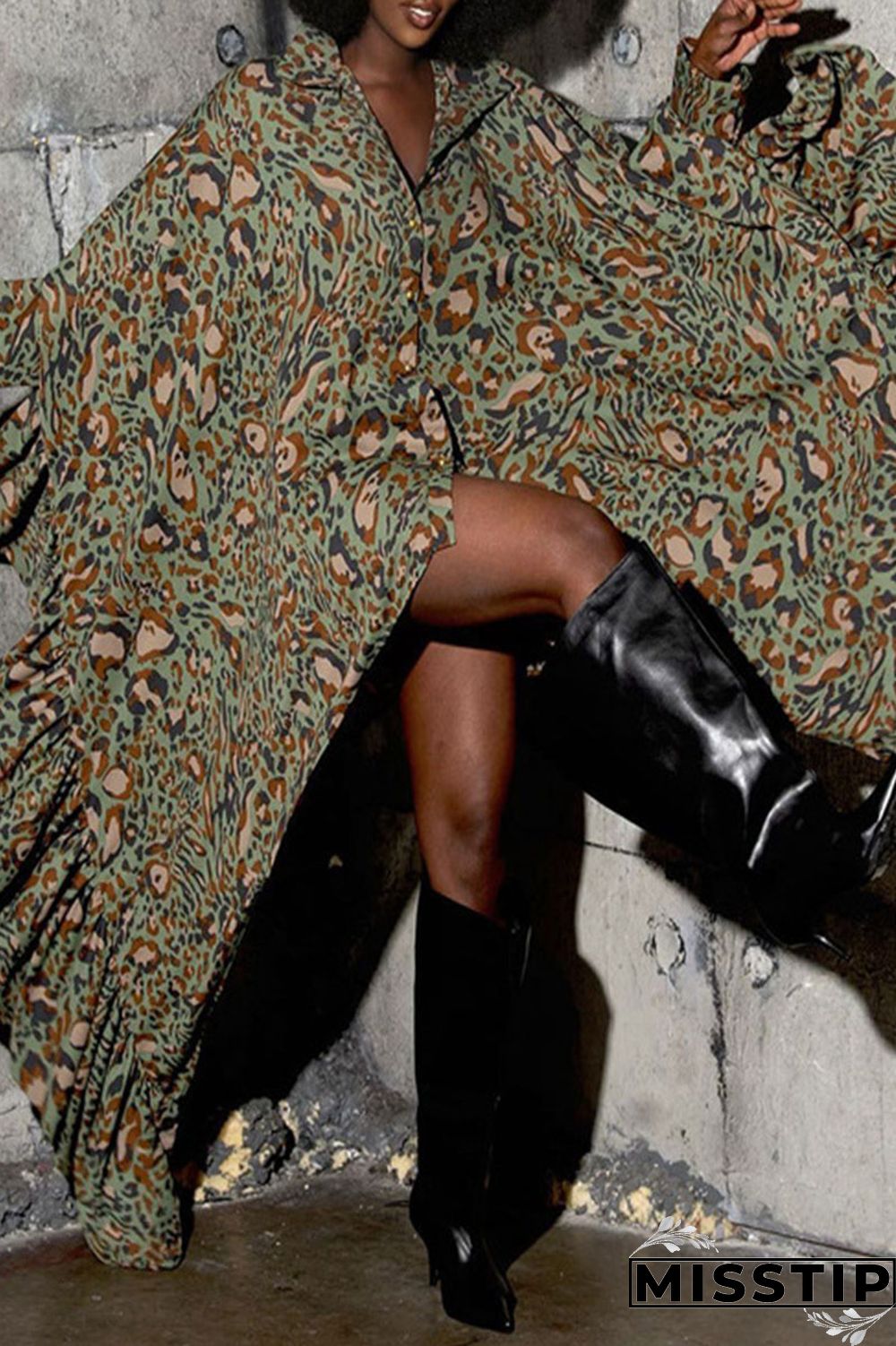 Grey Casual Street Print Patchwork Buckle Asymmetrical Turtleneck Plus Size Tops