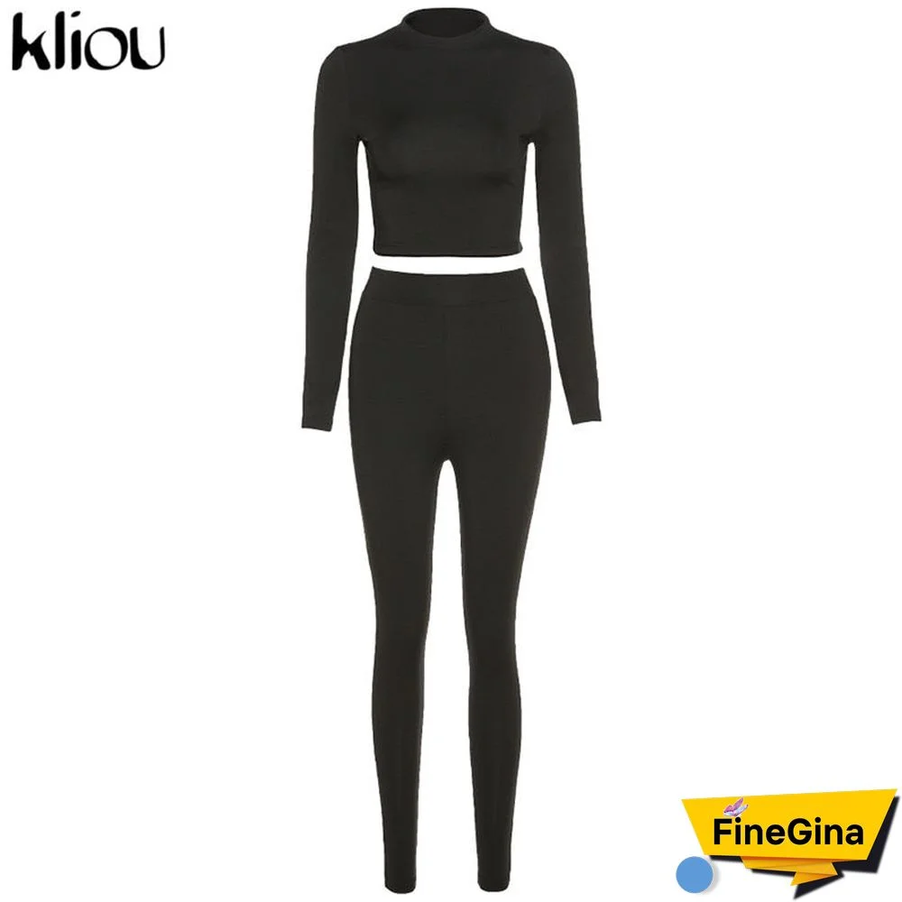 Kliou fashion tracksuit women turtleneck full sleeveless crop top+leggings matching set stretchy sporty fitness casual outfits
