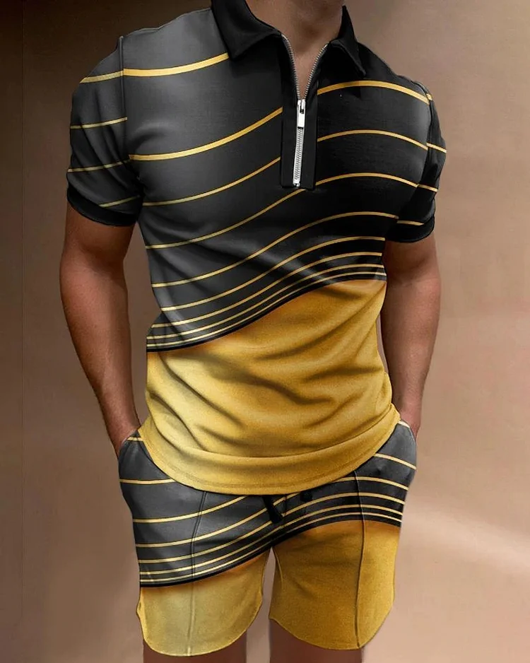 Men's black and yellow geometric print Polo suit