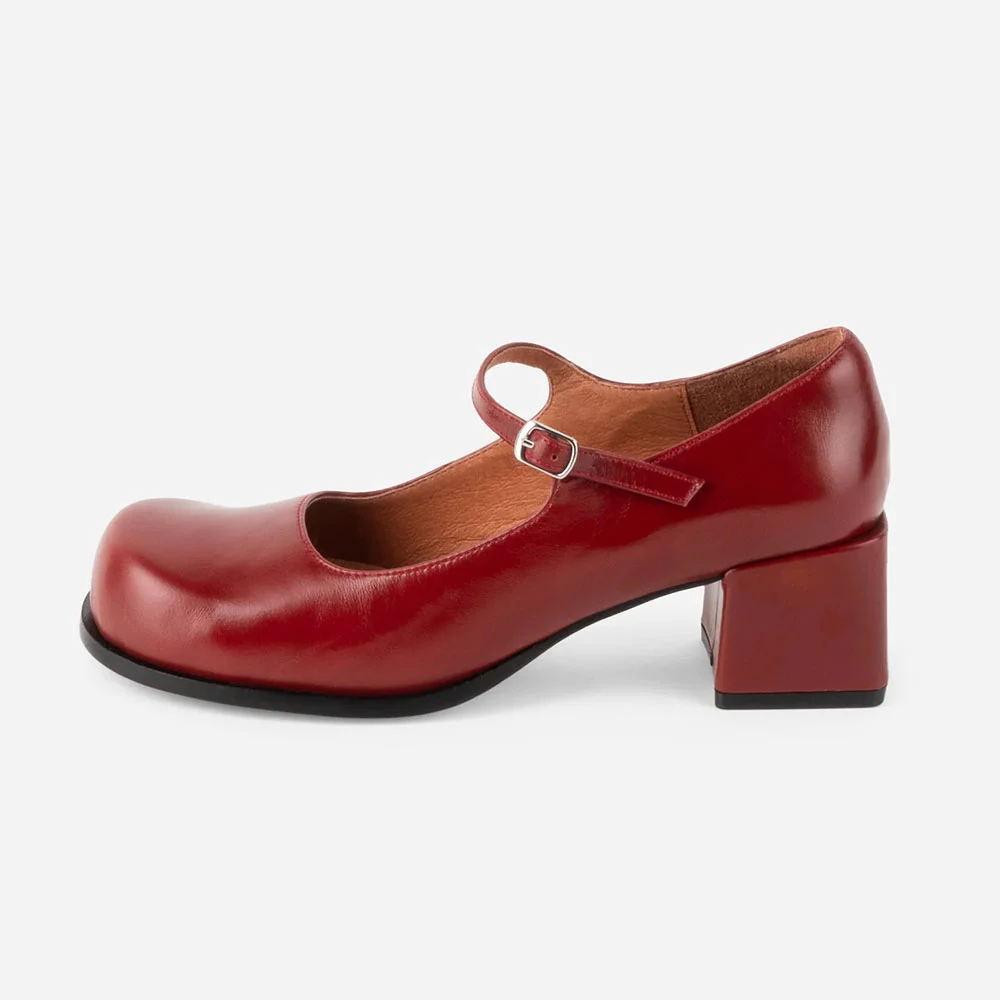 Vegan Leather Round Toe Buckled Women Mary Jane Shoes in Maroon
