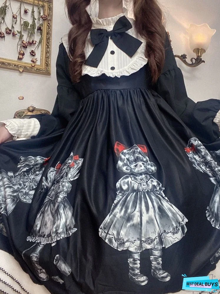 Thanksgiving Gift Japanese Vintage Gothic Marionette Lolita Women Dress Summer Women Cute Bow Long Sleeve Midi Dress Female Black Style Dresses