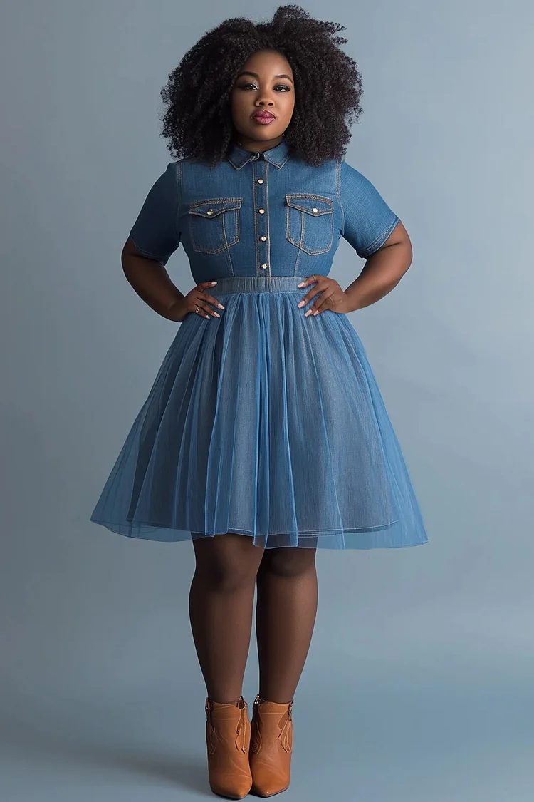 Xpluswear Design Plus Size Daily Blue Shirt Collar Short Sleeve Contrast Tulle Tencel Denim Mini Dresses 2024 - Xpluswear