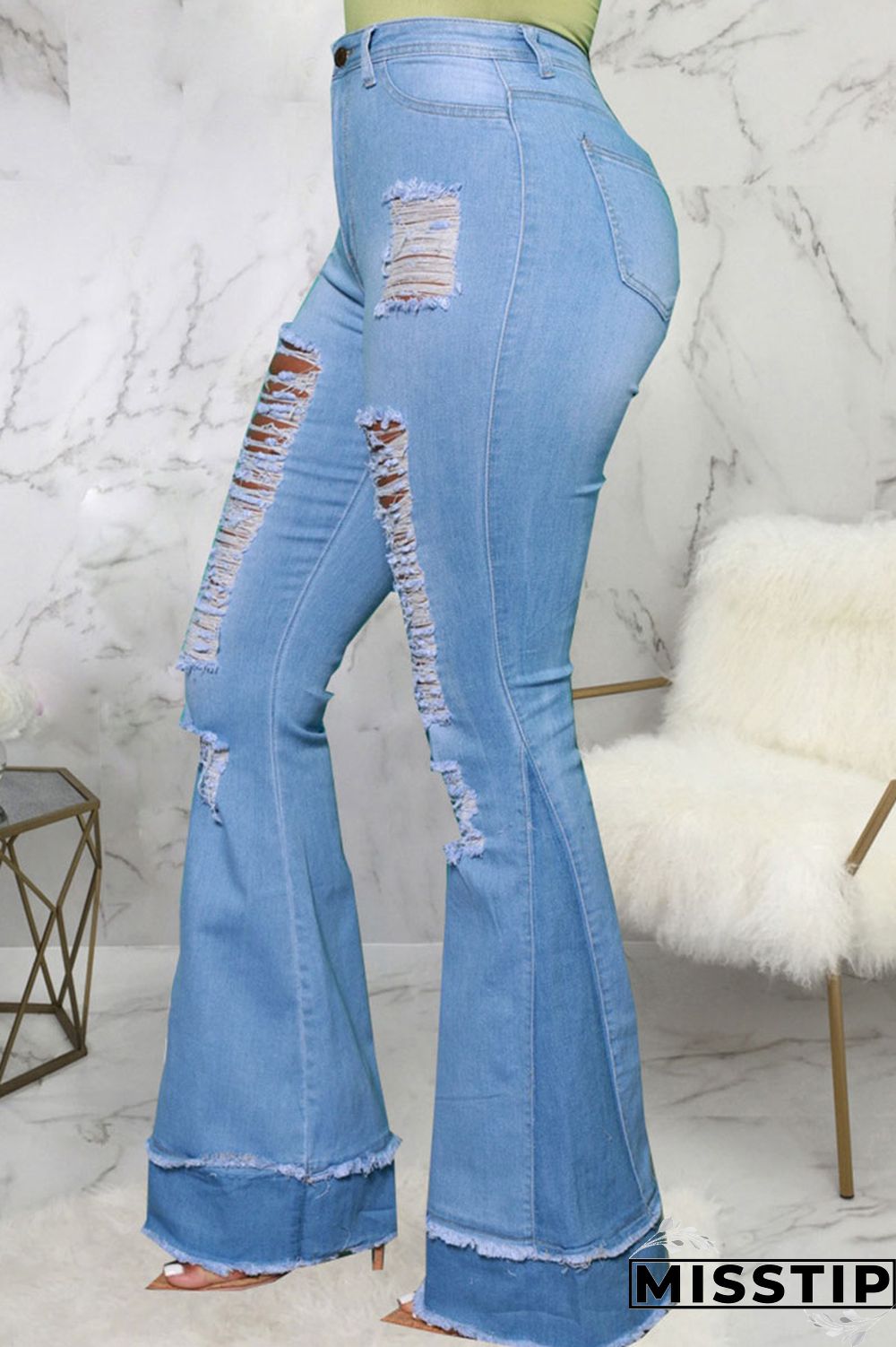 Blue Street Ripped Patchwork High Waist Denim Jeans