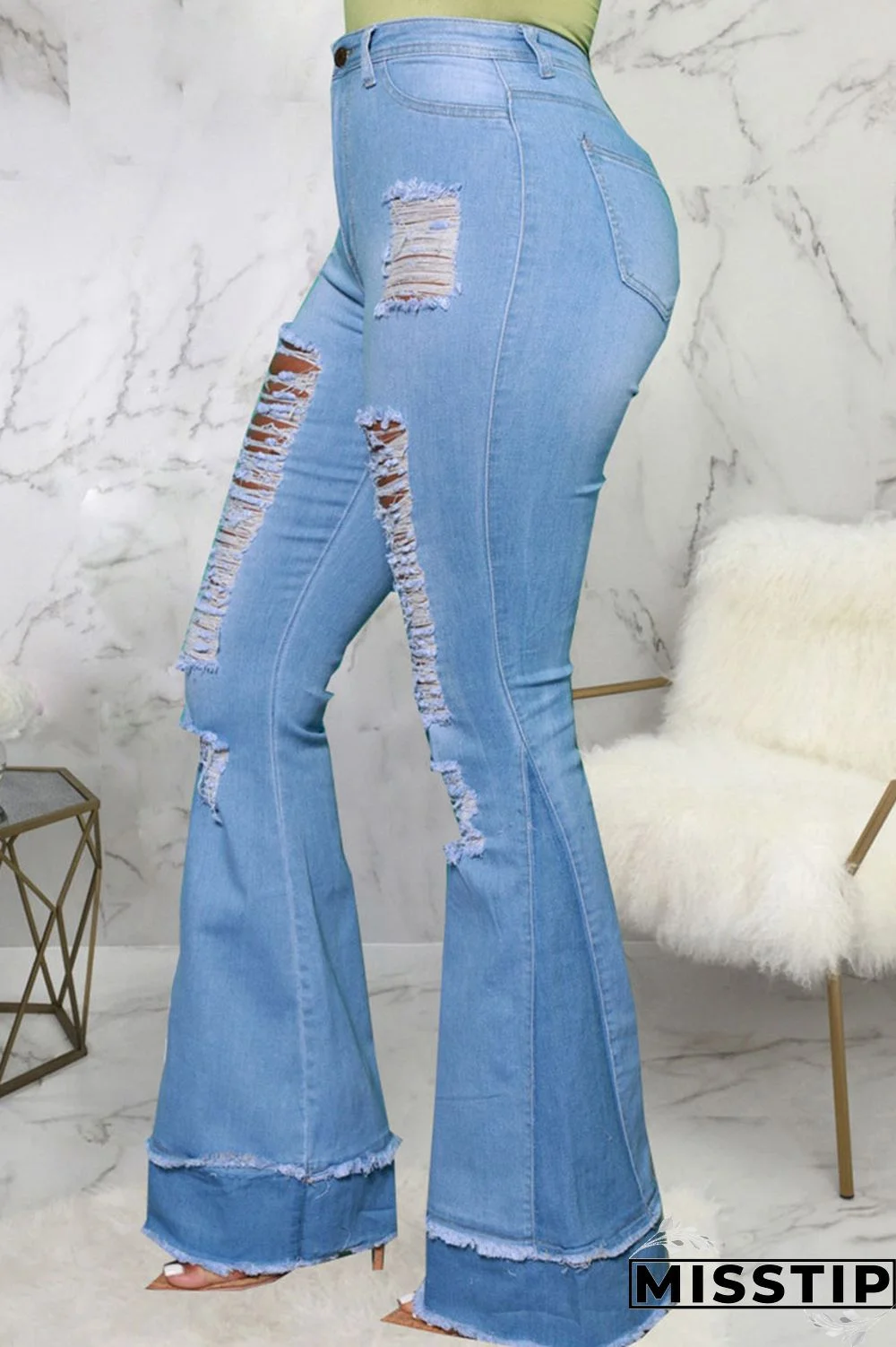 Blue Street Ripped Patchwork High Waist Denim Jeans