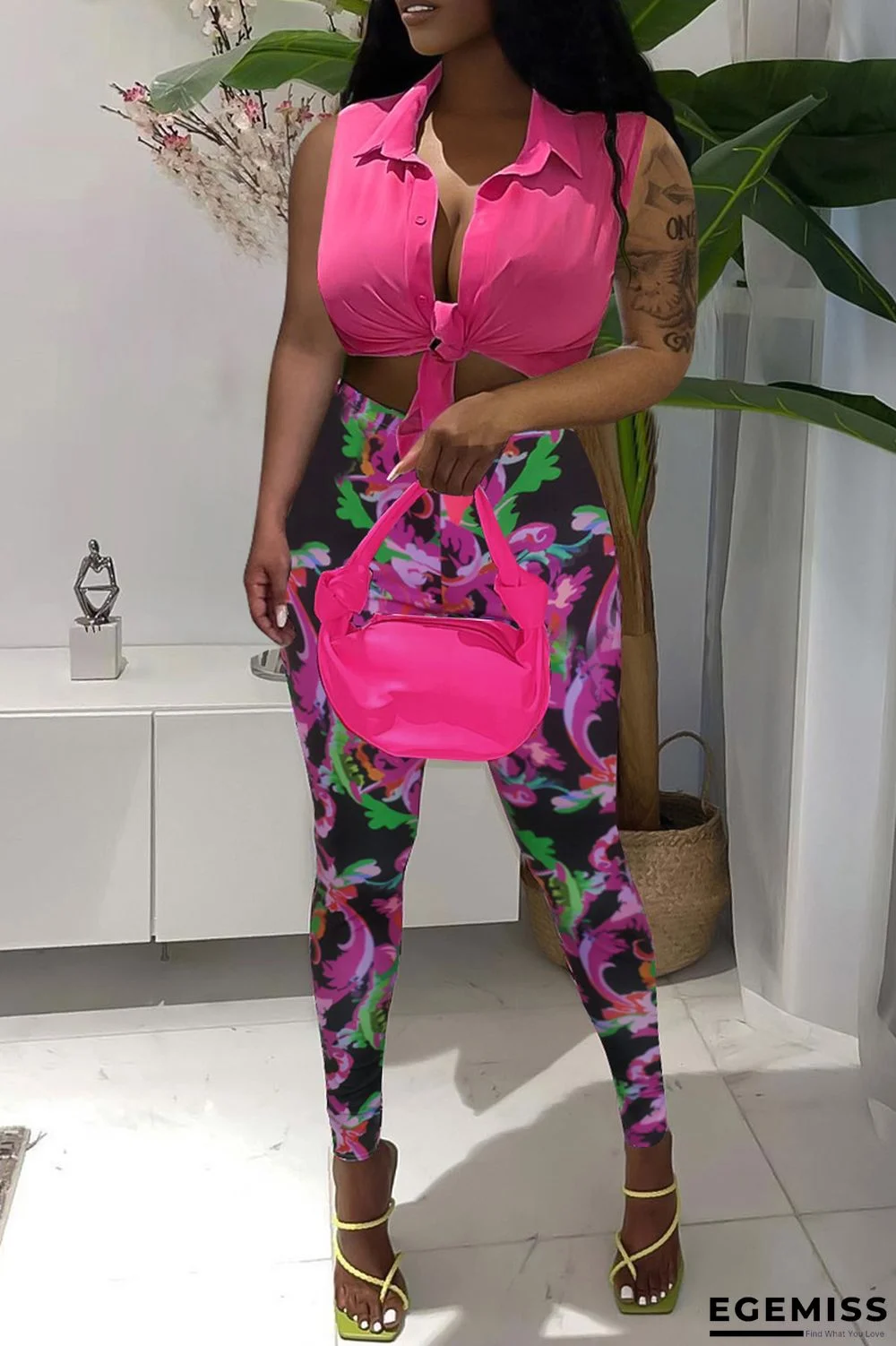 Rose Red Fashion Casual Print Basic Turndown Collar Sleeveless Two Pieces | EGEMISS