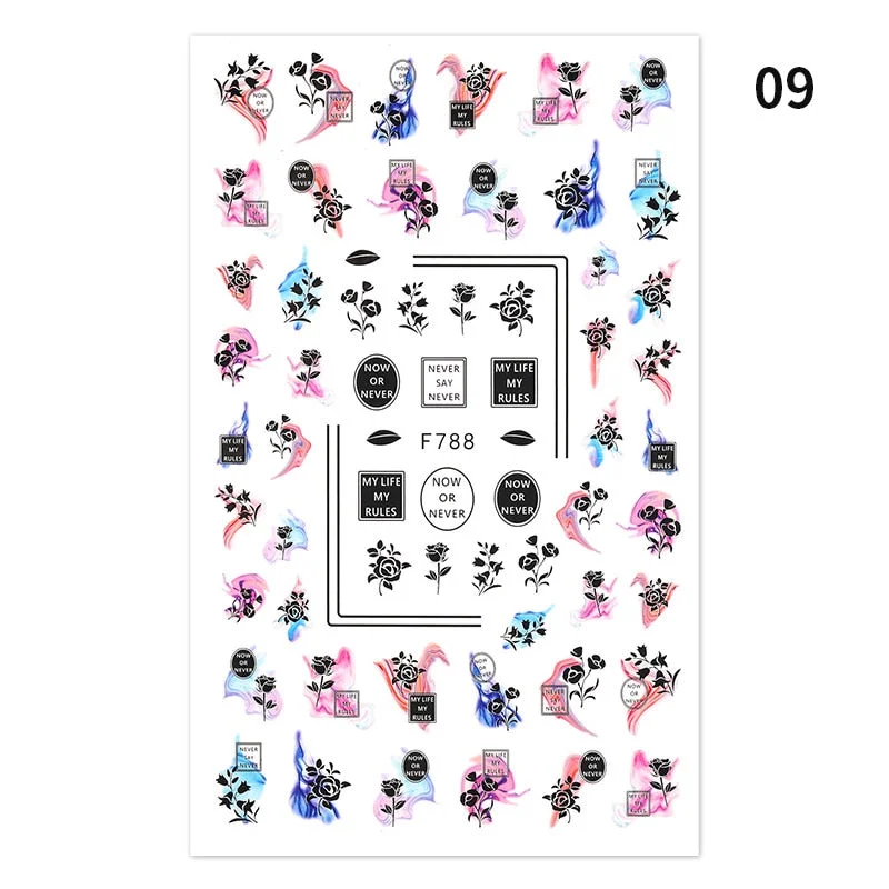 1PC Black Rose Flower Leaves 3D Nail Stickers Colorful Lines Waves Alphabet Sticker Slider Nail Art Decoration For Manicuring
