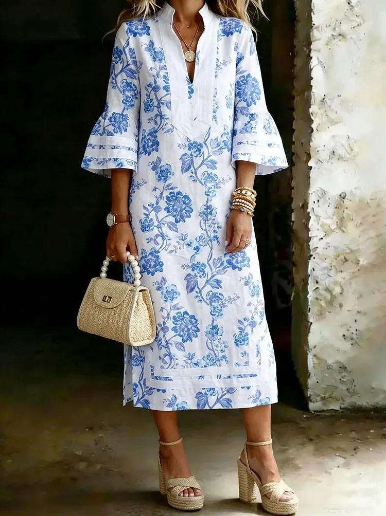Women&rsquo;s Casual Floral Elegant Flare Sleeves V-neck Cotton Maxi Dress