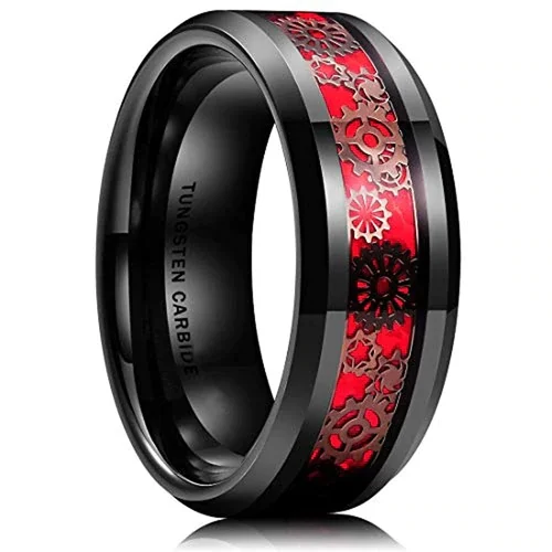 Women's or Men's Tungsten Carbide Wedding Band Watches Gear Rings,Black With Dark Color Watch Gear Resin Inlay Design Over Red Carbon Fiber Tungsten Ring With Mens And Womens Rings For 4MM 6MM 8MM 10MM
