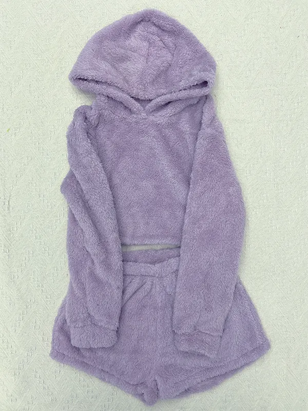 Teddy Solid Crop Top & Shorts Lounge Set