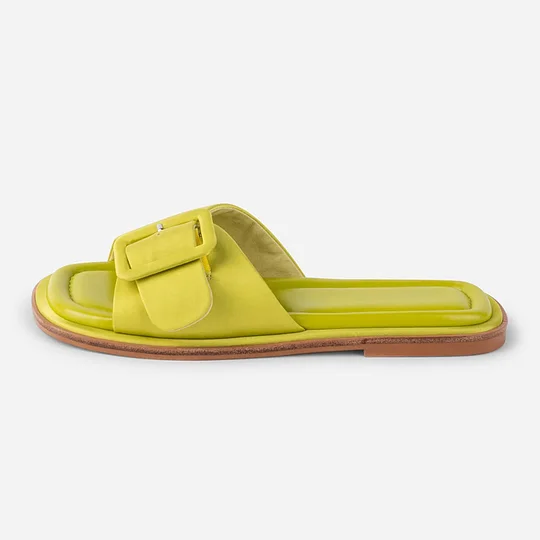 Lemon Yellow Satin Open Square Toe Flat Mules Sandals with