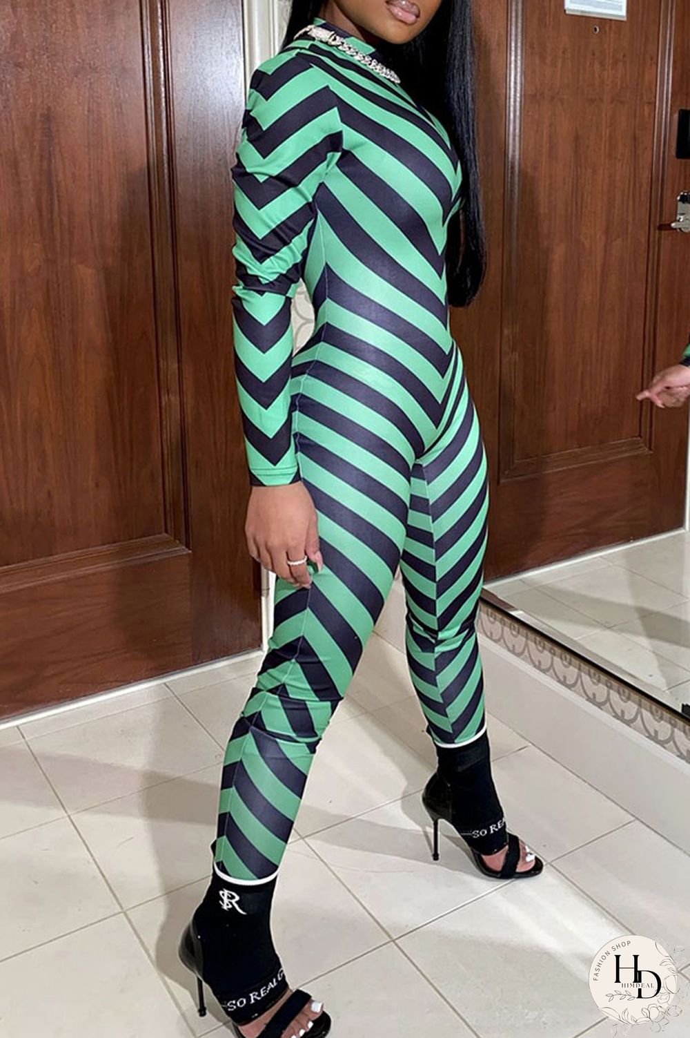 Green Fashion street Striped Milk. Long Sleeve O Neck Jumpsuits