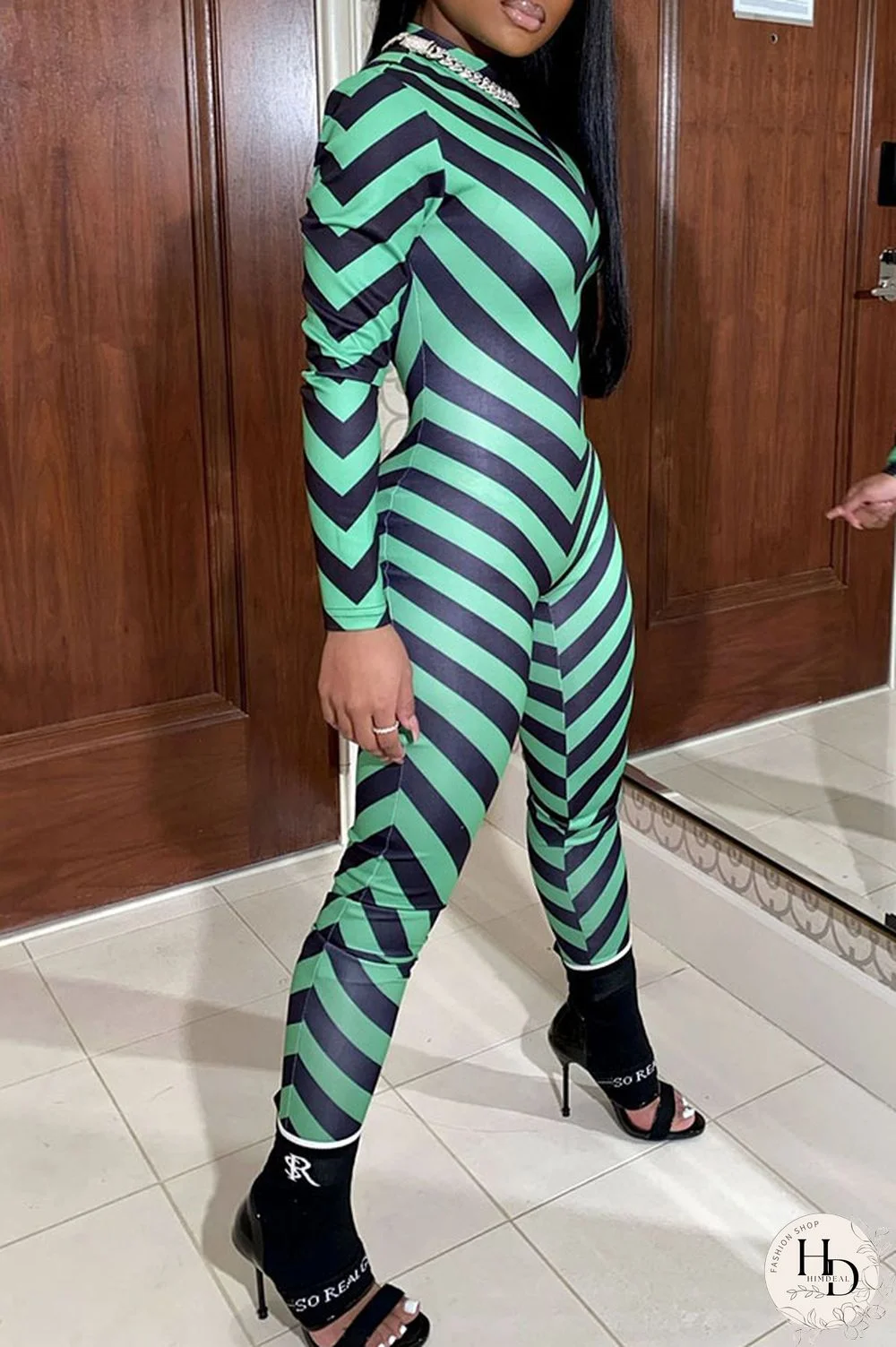 Green Fashion street Striped Milk. Long Sleeve O Neck Jumpsuits