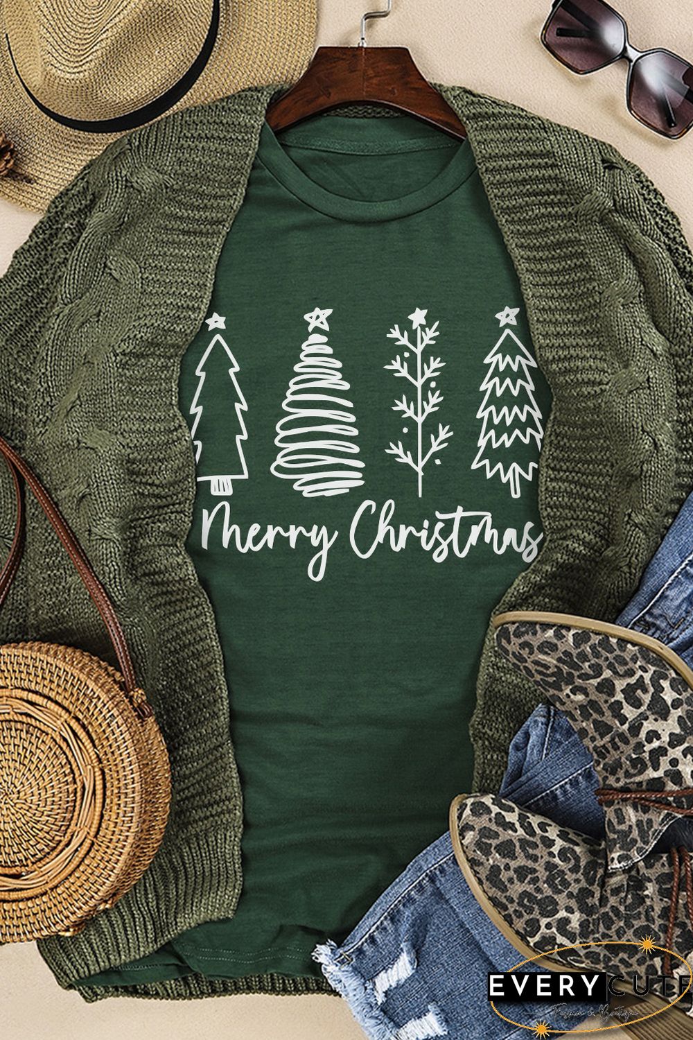 Green Merry Christmas Tree Graphic Print Tee